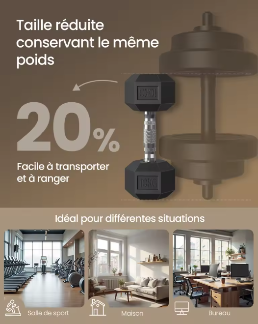 Ensemble de 2 Haltères Hexagonaux de 10kg, Adapté à l'Entraînement chez vous !