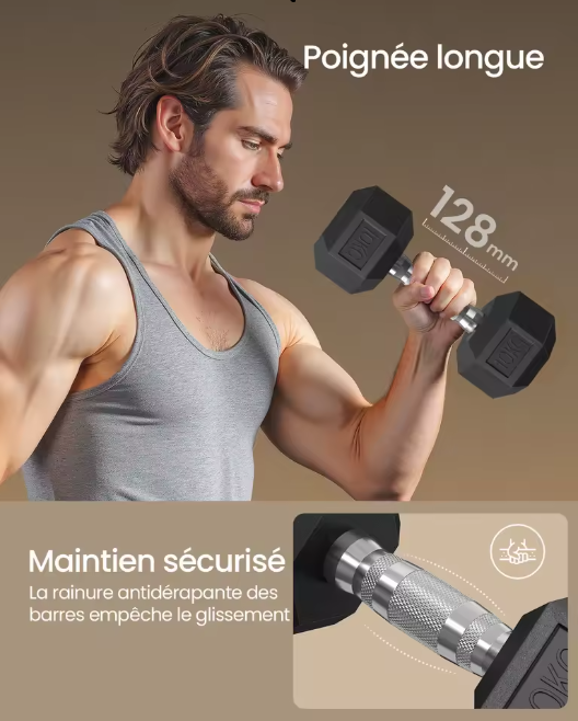 Ensemble de 2 Haltères Hexagonaux de 10kg, Adapté à l'Entraînement chez vous !